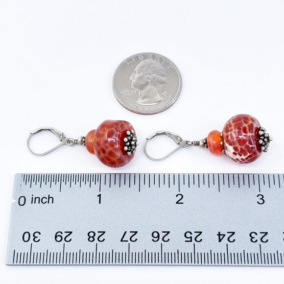 Vintage Sterling Silver 925 Red and Orange Glass Beaded Dangle Earrings - Picture 6 of 6